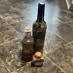 Decorative Bottle Trio with Dried Botanicals - Brown, Green, Pink Accents
